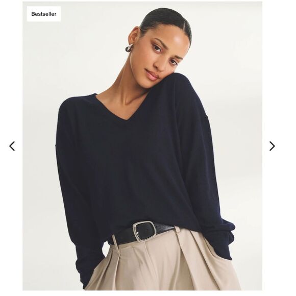 Naadam Fancy Cashmere V-Neck Sweater Size Medium Navy Blue - Picture 1 of 10